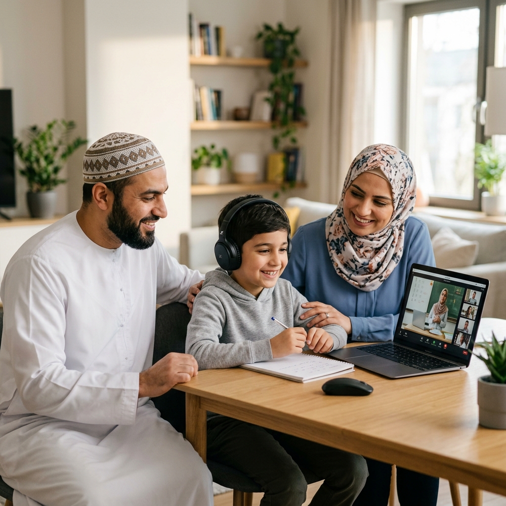 Happy Muslim family taking online Quran class with Qurani Online
